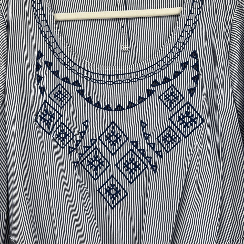 Lane Bryant Embroidered Tie-Front Pinstriped Back Button Boxy Blue White Shirt - Picture 7 of 15
